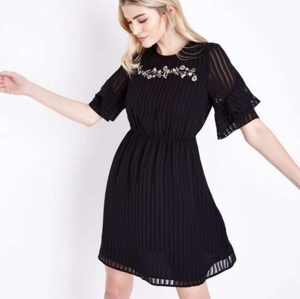 Dex Black Embroidered Striped‎ Chiffon Frill Dress Pleated Axove The Knee
